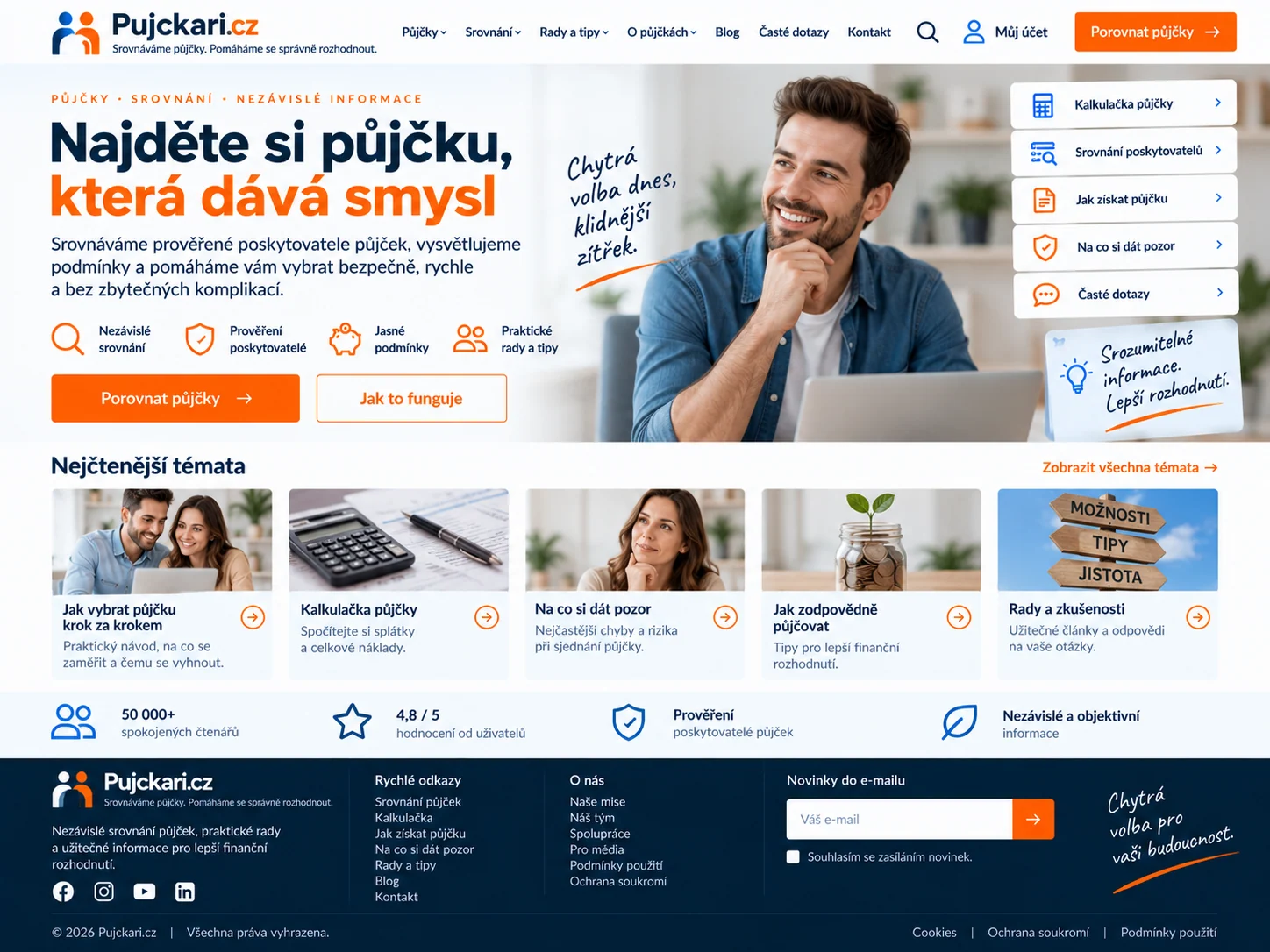 Ilustrační návrh modrého informačního webu o poskytovatelích půjček